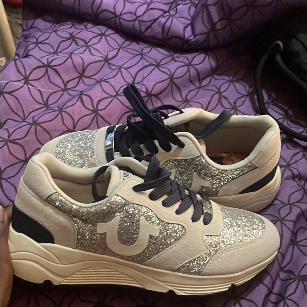 True religion Silver Glitter Sneakers with Navy Accents